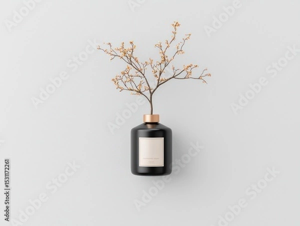 Obraz Minimalist Flat Lay of Black Bottle with Dried Orange Flowers and Pen