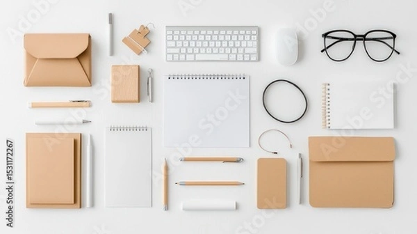 Obraz Minimalist Flatlay of Clean Workspace with Stationary and Accessories