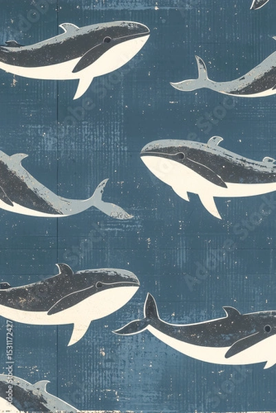 Fototapeta Repeated design with little whales, perfect for packaging and retro interiors