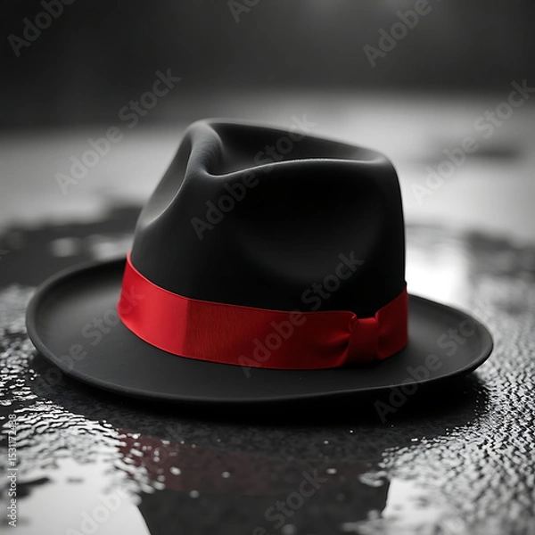 Obraz Black Fedora Hat with Red Ribbon on a Rainy Street