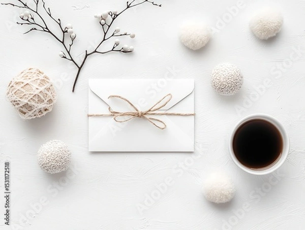 Obraz Minimalist Flatlay of White Thank You Card with Coffee and Decor