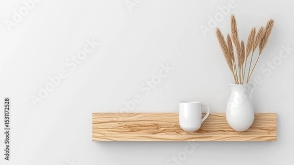 Obraz Minimalist Home Decor Featuring a Wooden Floating Shelf, White Mug, and Dried Flower Vase