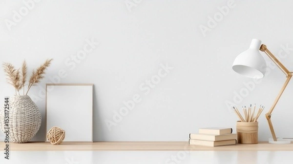 Obraz Minimalist Home Office Desk Setup with White Lamp and Blank Frame