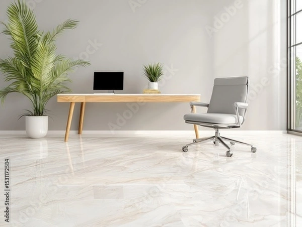 Obraz Minimalist Home Office Workspace with Empty Chair and Plants