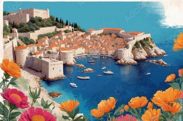 Obraz Colorful coastal town with historic architecture and boats during a sunny day by the sea