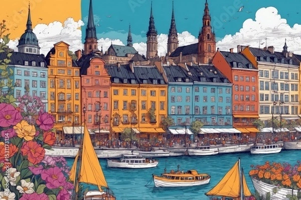 Obraz Colorful cityscape along a waterfront with boats and vibrant buildings during a sunny day in a historic location
