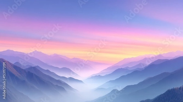 Obraz Minimalist Mountain Landscape at Sunrise with Soft Pink and Purple Hues
