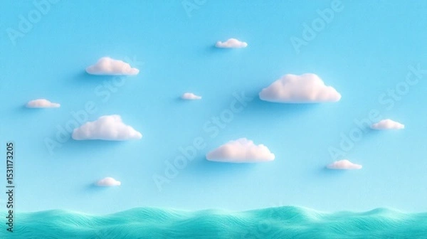 Obraz Minimalist Pastel Blue Sky and Ocean Scene with White Clouds