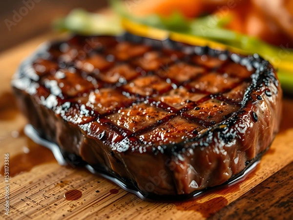Obraz Juicy medium-rare ribeye steak, perfectly grilled. A celebration of rich flavors and culinary mastery.