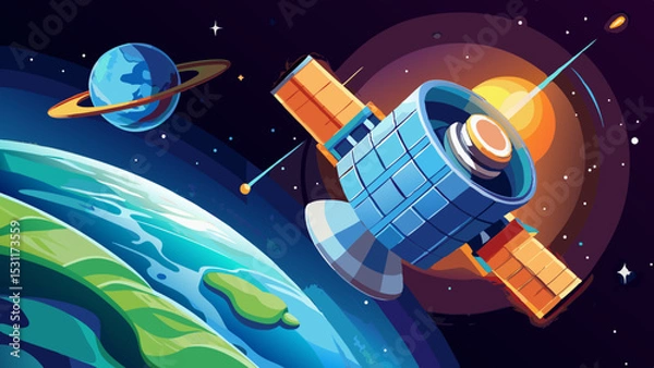 Fototapeta A satellite orbits Earth, capturing stunning views of the planet against a backdrop of space, highlighting technology and exploration.