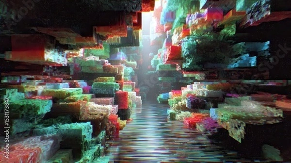 Fototapeta Vibrant Multicolored Glitching Tunnel Abstract Digital Art