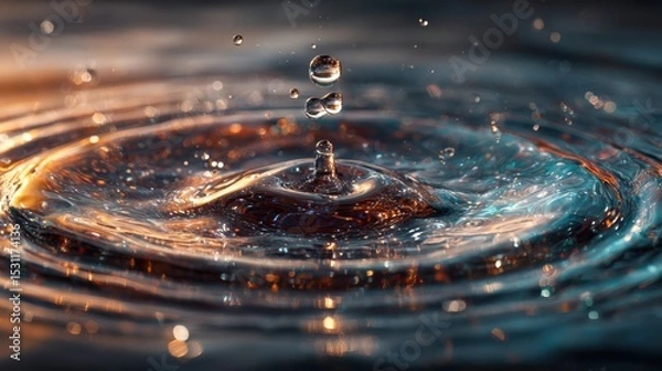 Fototapeta Water Droplet Impacting Dark Liquid Surface Creating Concentric Ripples and Sparkling Light Reflections