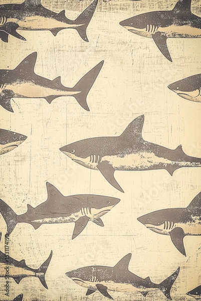Fototapeta Miniature sharks forming a repeated pattern across a vintage wallpaper