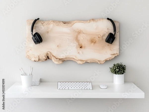 Obraz Minimalist White Desk with Wooden Headphone Stand and Accessories