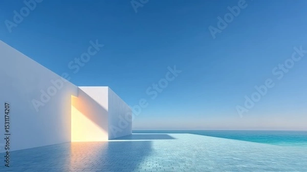Obraz Minimalist White Geometric Structure by the Sea Under Bright Sunlight