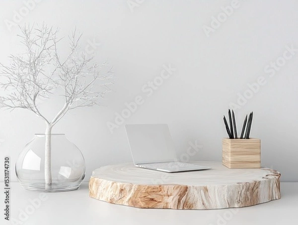 Obraz Minimalist White Workspace with Laptop and Wooden Accessories