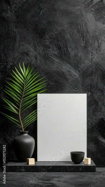 Obraz Minimalist Workspace Mockup with Blank Screen and Palm Leaf
