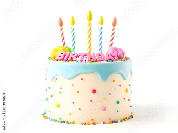 Obraz 3D birthday cake with vibrant decorations, celebrating joy and creativity in a minimalist style