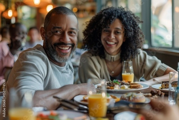 Fototapeta Portrait of a smiling multiethnic couple in their 40s having breakfast together