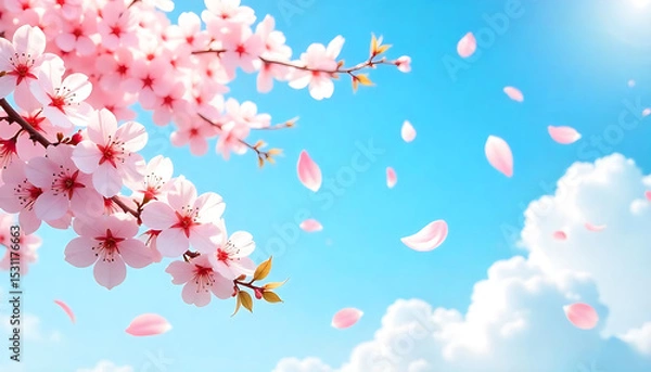 Obraz Cherry Blossom Branches and Falling Petals Against a Blue Sky