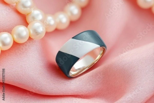 Obraz Modern Black White Ring on Pink Fabric with Pearls
