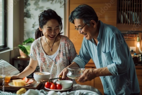 Fototapeta Portrait of a satisfied asian couple in their 40s preparing a surprise breakfast in bed