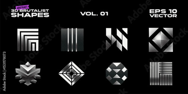 Fototapeta Abstract Brutalist 3D Logo Shapes Set. Postmodern Geometry Distorted Vector Brutal y2k Symbols. Trendy Futuristic Graphic Design Elements. Minimal Retro Modernist Aesthetics Geometric Emblem Icons