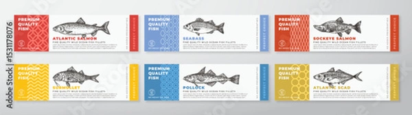 Fototapeta Fish Seafood Vector Packaging Label Design Collection Modern Typography and Hand Drawn Salmon, Seabass, Atlantic Fish and Surmullet Product Background Layouts Set