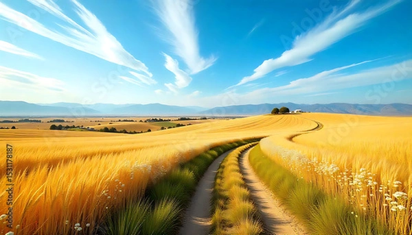 Obraz Golden Wheat Field Path Under a Vivid Blue Sky