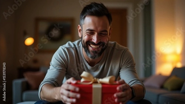 Fototapeta Happy bearded man holding red gift box at home, smiling warmly in cozy evening atmosphere. Perfect for Father's Day, birthday celebrations