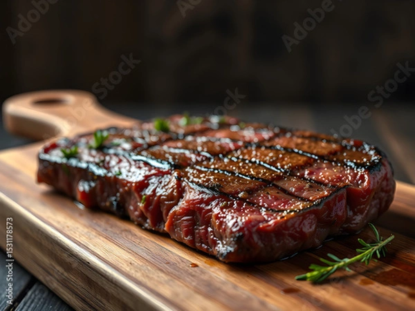 Obraz Premium fillet steak with sear marks on wooden board, showcasing rich texture and rustic elegance.