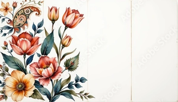 Fototapeta Beautiful floral arrangement with blank stationery, perfect for invitations, announcements, and personalized notes