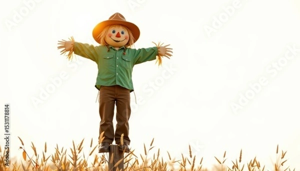 Fototapeta Golden field landscape with rustic scare, serene countryside scene under dramatic sky