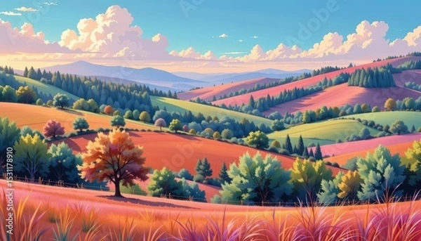 Fototapeta A tranquil vista, majestic hills and lush trees in harmony landscape oil painting