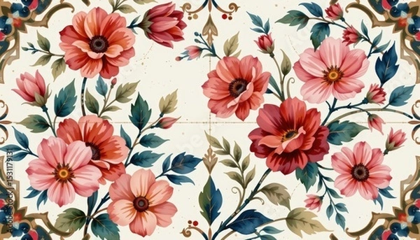 Fototapeta Elegant red floral pattern, natureinspired design with vibrant blooms and lush leaves