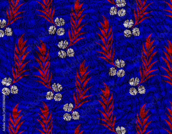 Fototapeta Red Leaf and Flower Seamless Pattern on Blue Cracked Texture