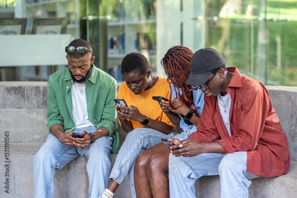 Fototapeta Black friends sit on bench, glued to smartphones, chatting and scrolling through social media, ignore each other. Gadget addiction, immersed in social networks world, disconnected from surroundings 