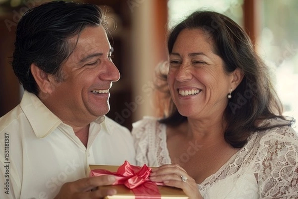 Fototapeta Portrait of a smiling latino couple in their 40s exchanging romantic gifts on a special occasion