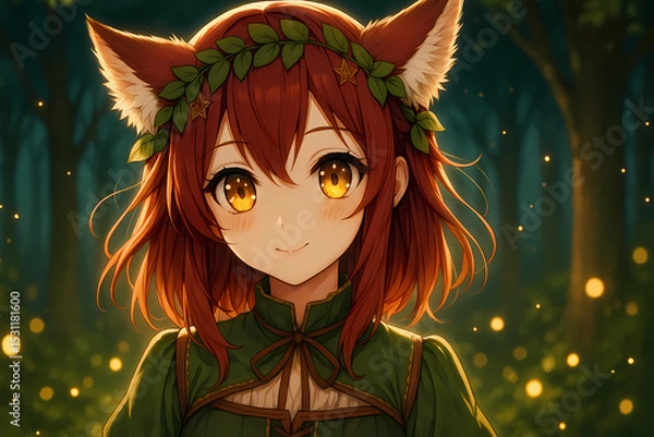 Fototapeta Enchanting anime fox girl with glowing golden eyes and leaf crown in a mystical forest surrounded by magical fireflies, showcasing detailed fantasy art with warm, ethereal ambiance.