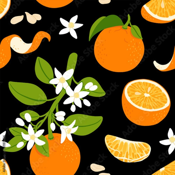 Fototapeta Orange fruit. Pattern of oranges on a black background. Whole orange fruit, cut in half and into slices. The design is great for wallpaper, fabric, labels, packaging.