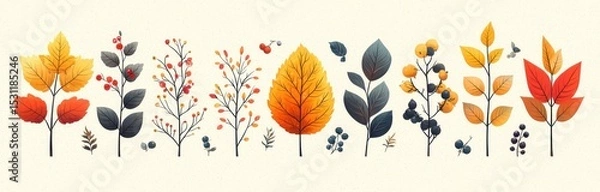 Fototapeta Colorful autumn leaves berries and pumpkin illustration in hand drawn style on textured light background Generative AI