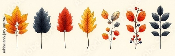 Fototapeta Colorful autumn leaves berries and pumpkin illustration in hand drawn style on textured light background Generative AI