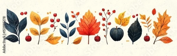 Fototapeta Colorful autumn leaves berries and pumpkin illustration in hand drawn style on textured light background Generative AI