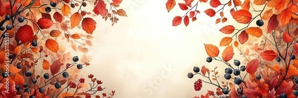Fototapeta Autumn leaves and berries in warm tones framing textured background with space in center for seasonal or festive text Generative AI