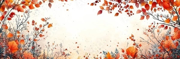 Fototapeta Autumn leaves and berries in warm tones framing textured background with space in center for seasonal or festive text Generative AI