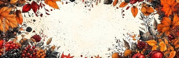 Fototapeta Autumn leaves and berries in warm tones framing textured background with space in center for seasonal or festive text Generative AI