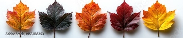 Fototapeta Colorful autumn maple leaves arranged in a row showing seasonal color variation on white background Generative AI