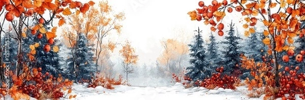 Fototapeta Winter forest landscape with snow-covered ground, autumn leaves, red berries, and evergreen trees in colorful illustration Generative AI