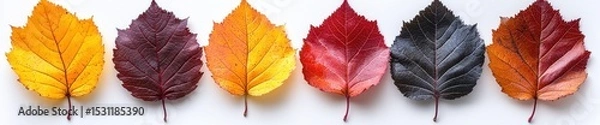 Fototapeta Colorful autumn maple leaves arranged in a row showing seasonal color variation on white background Generative AI