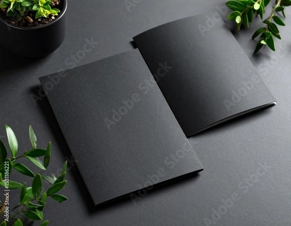 Obraz Blank Black Brochure Mockup with Plants on a Dark Desk